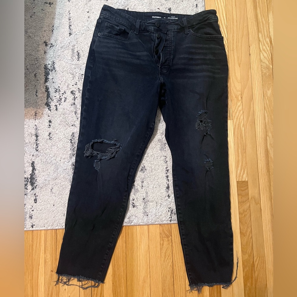 Old Navy High Rise OG Straight Cropped Jean Washed Black Ripped Raw Hem Size 14